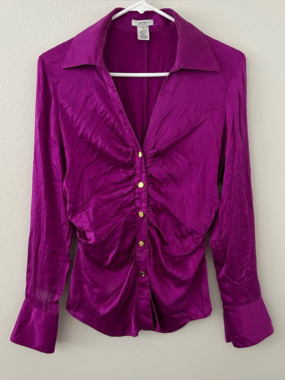 Vintage Cache Fuschia Silk Ruched Gold Button Up Blouse Women’s M Glam Y2K Top